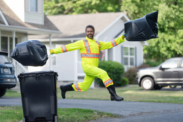 Keeping garbage plastic into bag for trash. Pollution and recycling. Man putting garbage bag in a...