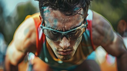 A determined male runner with paint on his face leans forward, ready to push through an obstacle course.