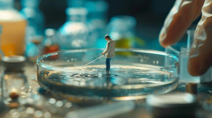 A miniature figure of a man in a lab coat stands in a petri dish, seemingly exploring a microscopic world. The shallow depth of field emphasizes the small scale of the figure.