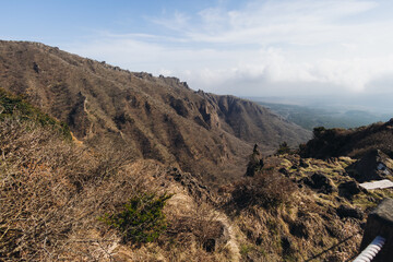 Hallasan National Park, Jeju island, South Korea, spring landscape view of Yeongsil trail, Halla volcano peak, trekking and climbing to Halla mountain, travel and hiking in Korea, Jeju-do, sunny day