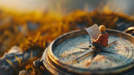 A tiny figure sits on a compass, reading a book. The compass is surrounded by a soft focus background of fall colors.