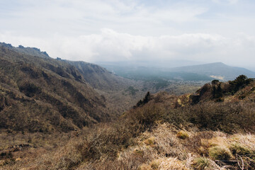 Hallasan National Park, Jeju island, South Korea, spring landscape view of Yeongsil trail, Halla volcano peak, trekking and climbing to Halla mountain, travel and hiking in Korea, Jeju-do, sunny day