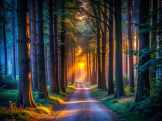 Fototapeta premium Through a shadowy forest, a winding path leads into darkness, where towering trees loom, and enigmatic shadows dance,