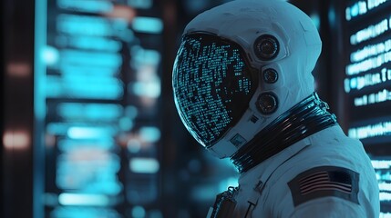 A futuristic spaceman reading programming code with it being reflected over his space helmet. Future concept. 3D illustration. 