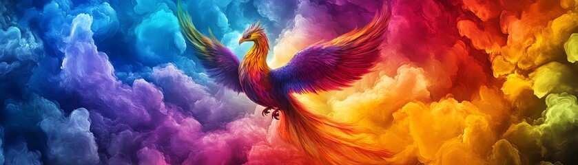 Vivid colorful phoenix soaring through a rainbow sky, symbolizing rebirth and renewal. Bright and vibrant digital artwork illustration.