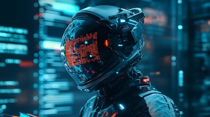 A futuristic spaceman reading programming code with it being reflected over his space helmet. Future concept. 3D illustration. 