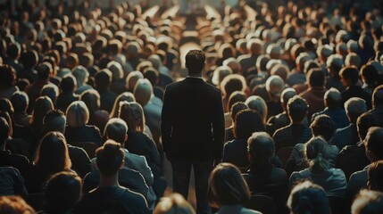 A man in a suit stands facing a large audience, his back to the camera.