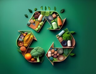Recycling symbol with food products within the logo. There are vegetables, fruits and some leaves