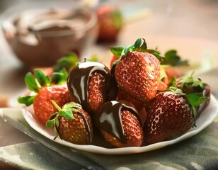 Strawberries on a plate with melted chocolate on top of them