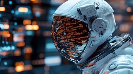 A futuristic spaceman reading programming code with it being reflected over his space helmet. Future concept. 3D illustration. 