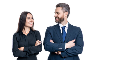 two colleagues in office. businesspeople with coworker. business leadership and success. leader representing leadership. successful businesspeople. business leader isolated on white. banner