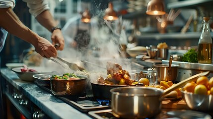 A bustling kitchen scene with chefs preparing various dishes amidst steam and ingredients.
