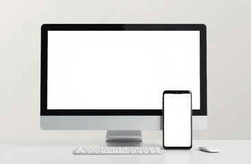 A modern workspace with a blank computer monitor, smartphone, and keyboard on a clean desk setup for productivity