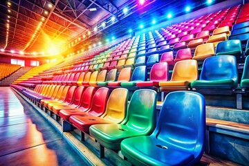 Fototapeta premium Vibrant colors adorn the neatly arranged seats of an empty basketball stadium, while bright lighting effects enhance