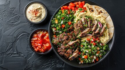 Shawarma Platter with Hummus, Grilled Meat, Fresh Vegetables, and Dipping Sauces on Textured Black Background, Middle Eastern Cuisine Concept