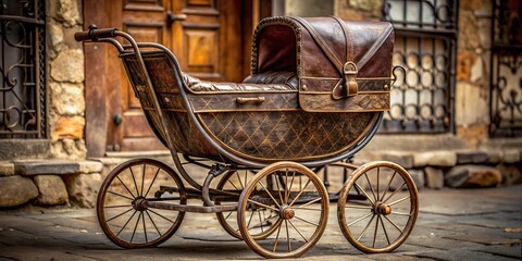 Fototapeta na wymiar A distressed, nostalgia-tinged close-up of an antique baby stroller's intricately patterned metal frame, ornate wheels, and worn leather upholstery, evoking a bygone era.