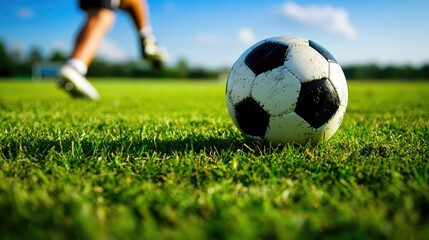 Fototapeta premium Action shot of a soccer ball rolling across the grass, with a player's foot just out of frame, ready to kick it into motion.