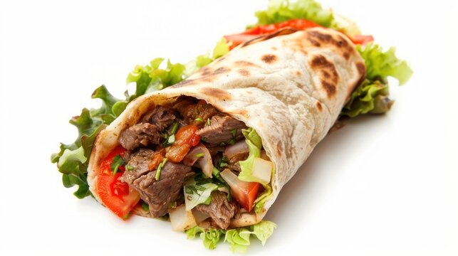 Delicious Shawarma Wrap with Grilled Meat and Fresh Vegetables on White Background, Isolated, Turkish Fast Food Concept