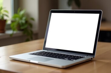 Fototapeta premium A modern laptop sits on a wooden table, ready for productivity in a bright and welcoming workspace during the day