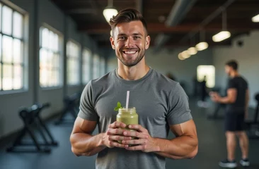 Young man smiles while holding a green smoothie in a fitness gym during a workout session with others nearby