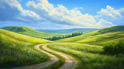 Fototapeta premium Winding Path Through Green Hills and Blue Skies.