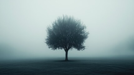 A solitary tree in a foggy landscape, its outline barely visible, creating a mysterious and ethereal atmosphere in the early morning light.