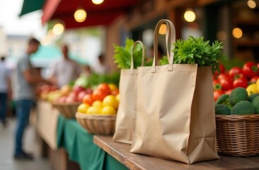 Fresh produce bags at a lively farmer's market during a sunny afternoon in a vibrant community setting