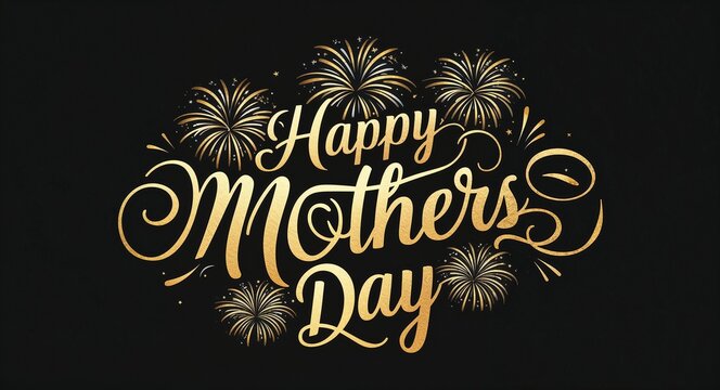 happy mothers day calligraphic gold lettering with fireworks on plain black background