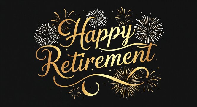 happy retirement calligraphic gold lettering with fireworks on plain black background