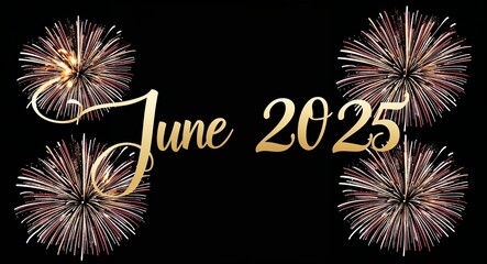 june 2025 calligraphic gold lettering with fireworks on plain black background