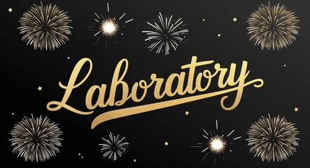 Laboratory calligraphic gold lettering with fireworks on plain black background