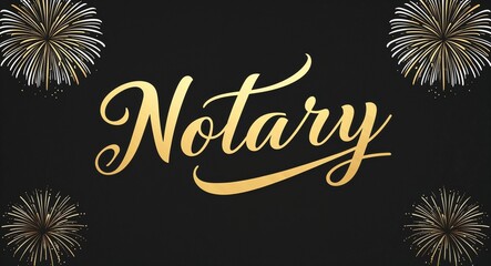 notary calligraphic gold lettering with fireworks on plain black background
