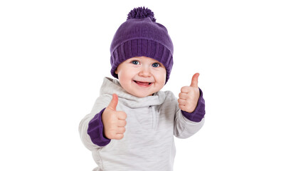 Cheerful smiling little kid showing thumb up, isolated on transparent background
