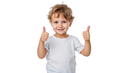 Cheerful smiling kid showing thumbs up isolated on transparent background