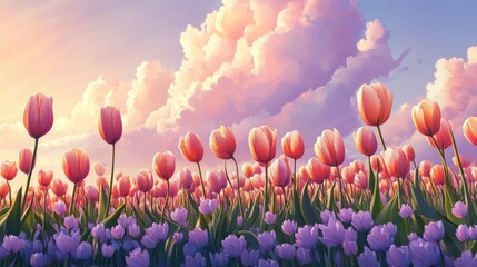 Tulips Field Under a Pink Sky
