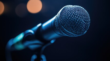 Dynamic close-up of a microphone on a stand, spotlight shining on it, with the background fading...