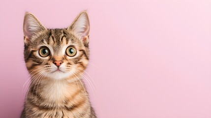 Fototapeta premium Curious tabby cat with big green eyes against a pink background