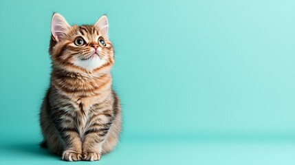 Adorable kitten with striking eyes against a teal background