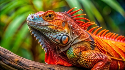 Fototapeta premium Vibrant Red Iguana Displaying Its Colorful Scales in a Tropical Natural Habitat Setting