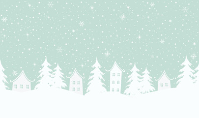 Winter background. Christmas village. Seamless border. Fairy tale winter landscape. White houses, fir trees on light green background. Vector illustration
