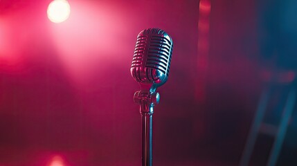 Microphone under cool stage lighting, the light reflecting off its chrome finish, with the background in deep shadows.
