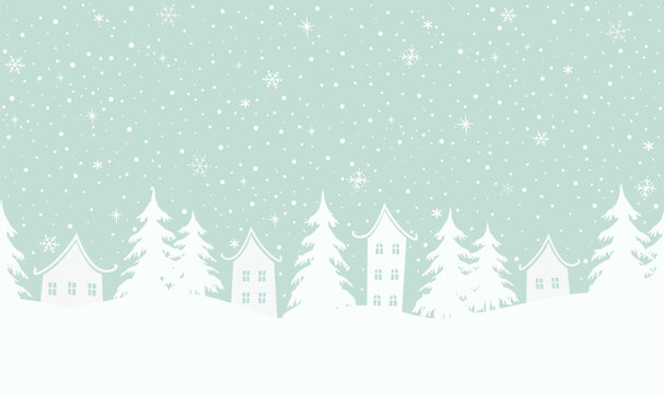 Winter background. Christmas village. Seamless border. Fairy tale winter landscape. White houses, fir trees on light green background. Vector illustration