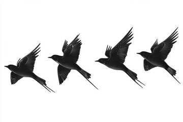 Obraz premium Black Bird Silhouettes Flying in Formation Isolated on White Background
