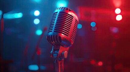 Retro-style microphone glowing under soft red and blue lights, evoking a nostalgic performance vibe.