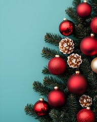 Fototapeta premium Festive Christmas tree decorations with ornaments and pinecones