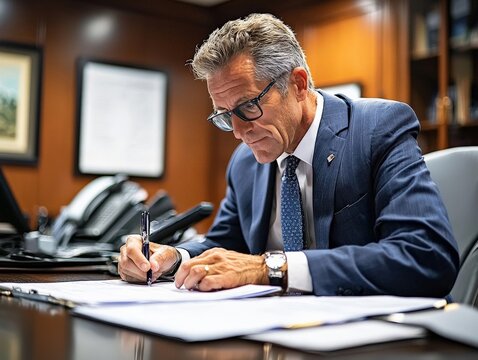 An insurance underwriter reviewing a client's file, focused on risk assessment in a professional office