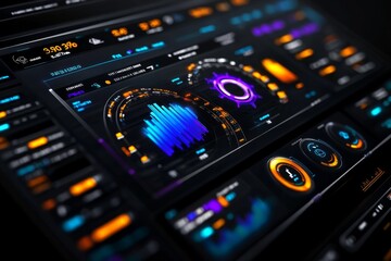 Obraz premium Hyper-realistic close-up of a futuristic dashboard showing global trade data, financial markets, and resource management trends in tomorrowâ€™s economy