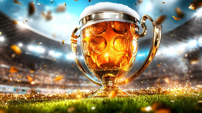 A trophy filled with beer, surrounded by confetti in a stadium.