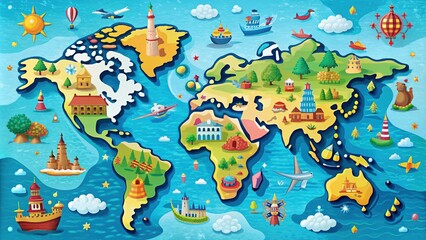 Colorful cartoon map of the world with stylized countries, oceans, and landmarks, surrounded by playful geographic icons and whimsical design elements.