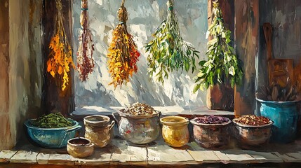 Fototapeta premium Dried Herbs and Flowers in a Rustic Window Setting.